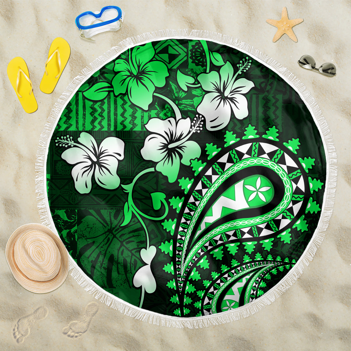 Fiji Masi Paisley With Hibiscus Tapa Beach Blanket Green Version LT01 One Size 150cm Green - Polynesian Pride