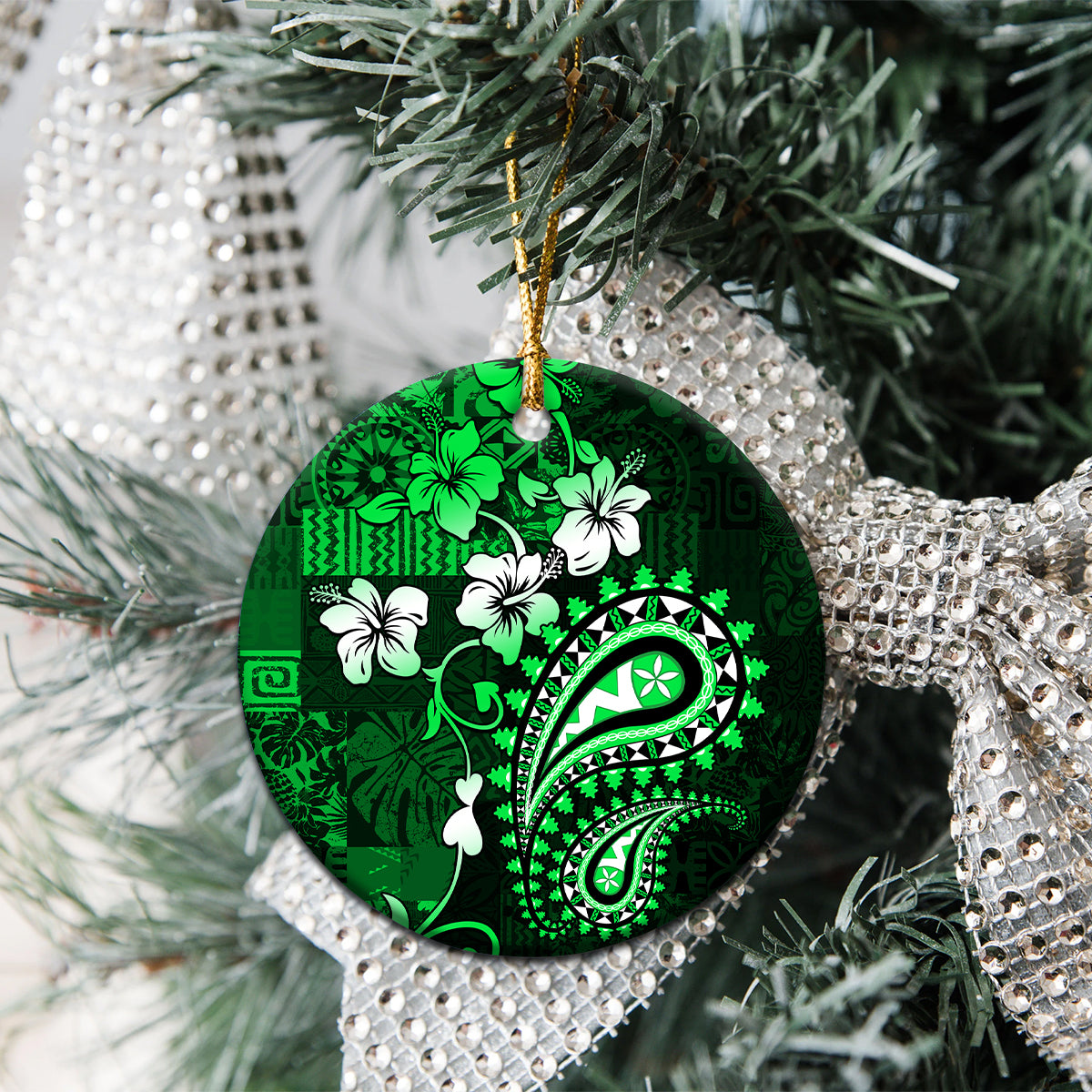 Fiji Masi Paisley With Hibiscus Tapa Ceramic Ornament Green Version LT01 - Polynesian Pride