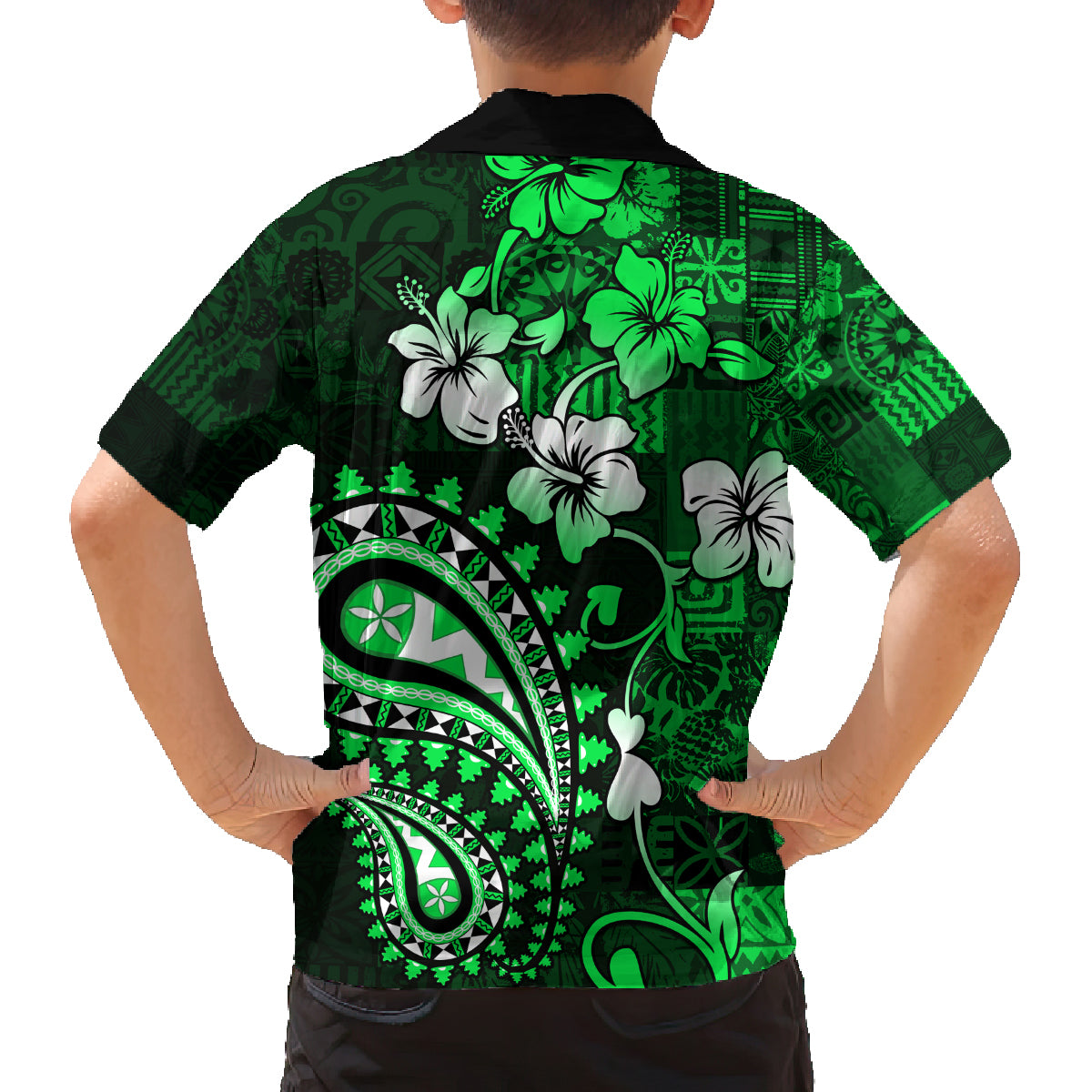 Fiji Masi Paisley With Hibiscus Tapa Family Matching Off Shoulder Short Dress and Hawaiian Shirt Green Version LT01 - Polynesian Pride