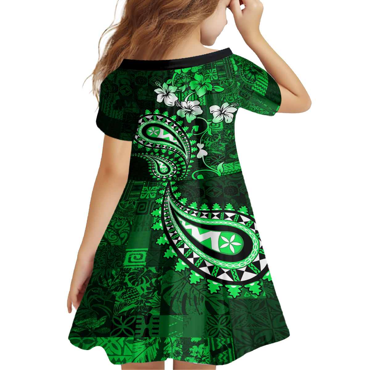 Fiji Masi Paisley With Hibiscus Tapa Family Matching Tank Maxi Dress and Hawaiian Shirt Green Version LT01 - Polynesian Pride