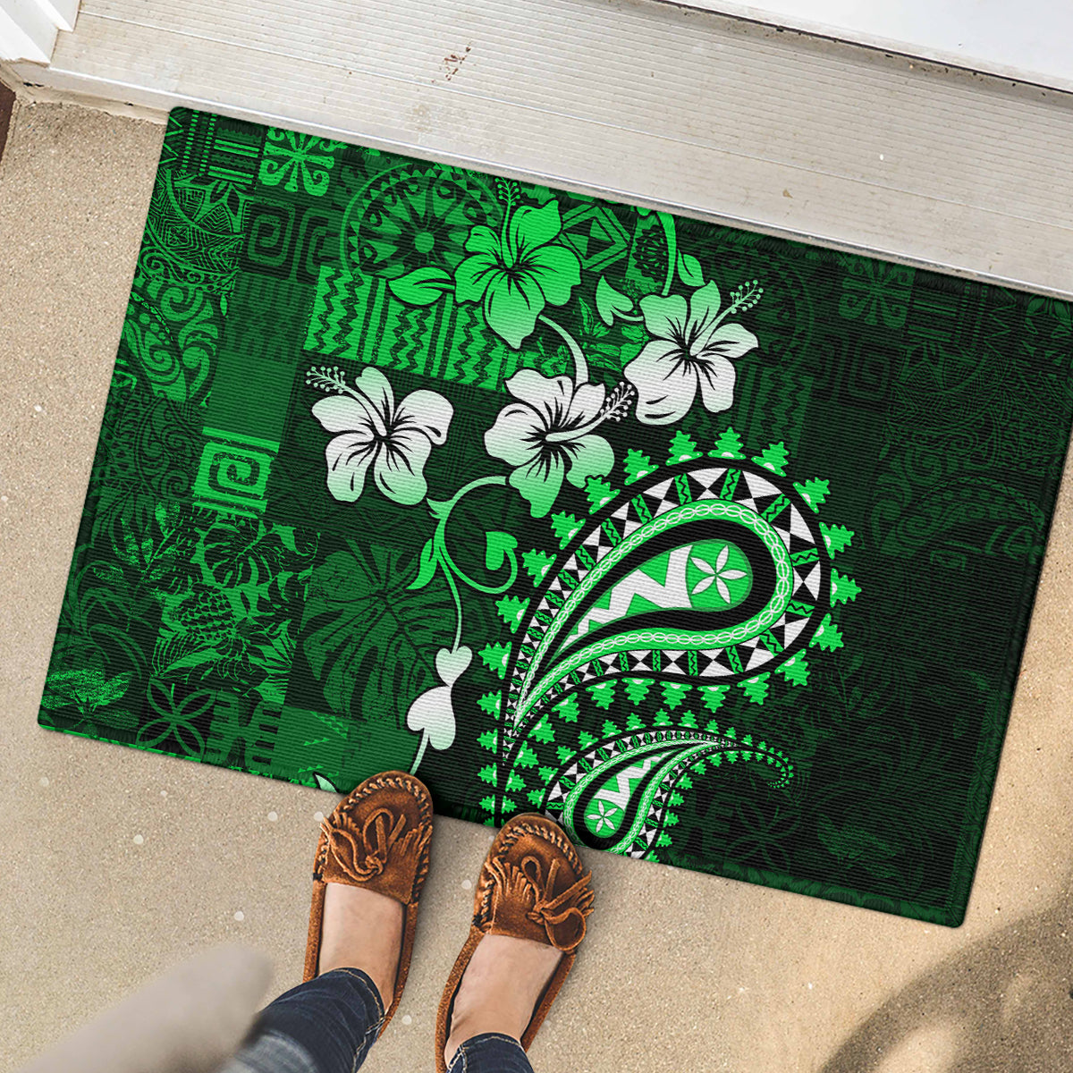 Fiji Masi Paisley With Hibiscus Tapa Rubber Doormat Green Version LT01 - Polynesian Pride