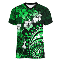 Fiji Masi Paisley With Hibiscus Tapa Women V Neck T Shirt Green Version LT01 Female Green - Polynesian Pride