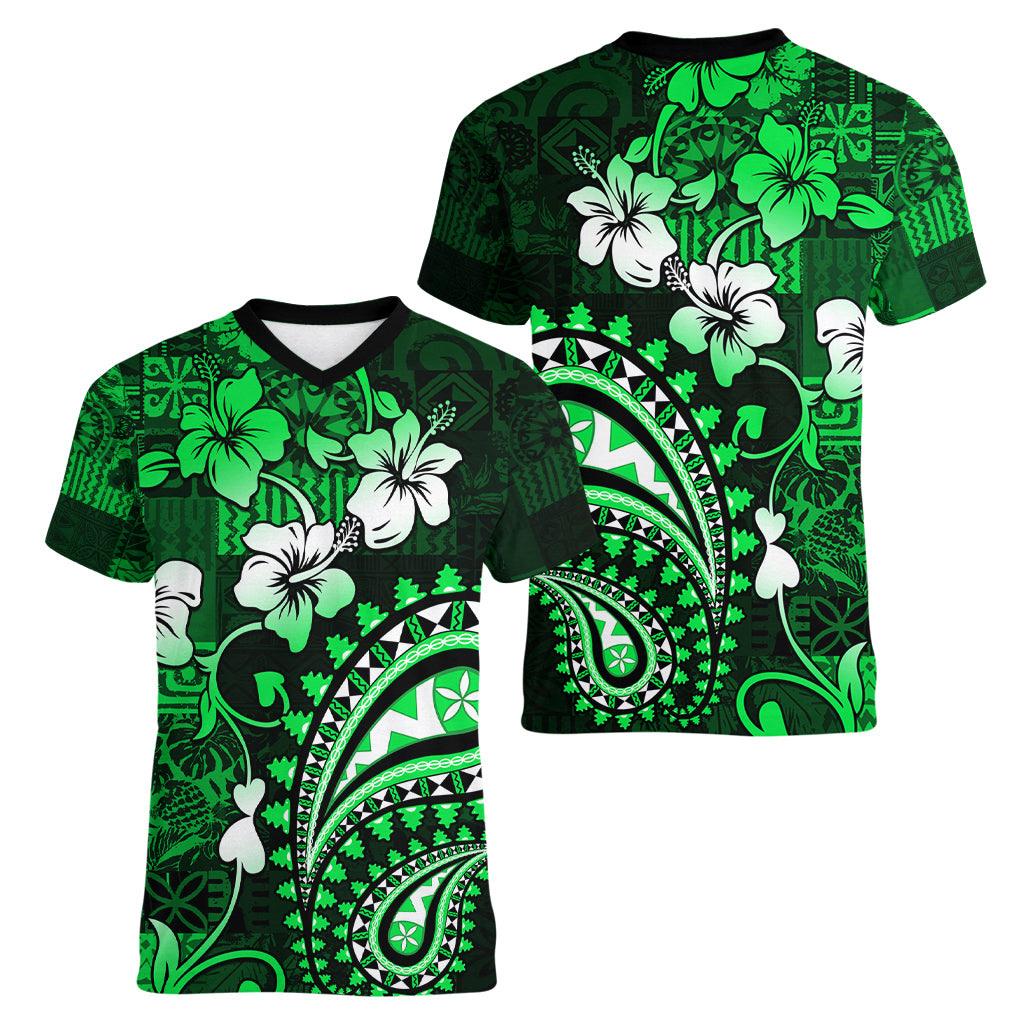 Fiji Masi Paisley With Hibiscus Tapa Women V Neck T Shirt Green Version LT01 - Polynesian Pride
