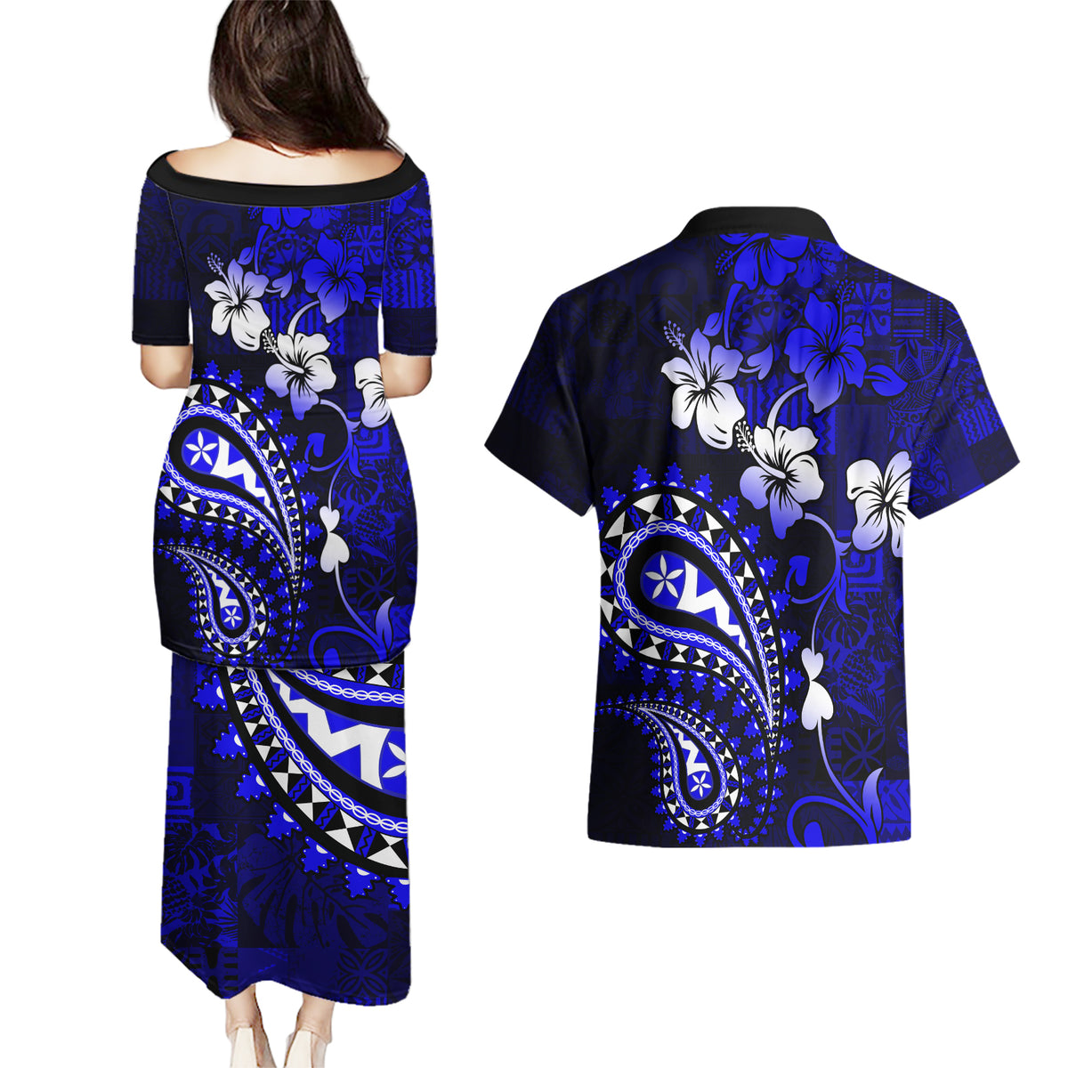 Fiji Masi Paisley With Hibiscus Tapa Couples Matching Puletasi Dress and Hawaiian Shirt Navy Blue Version LT01 - Polynesian Pride