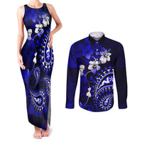 Fiji Masi Paisley With Hibiscus Tapa Couples Matching Tank Maxi Dress and Long Sleeve Button Shirt Navy Blue Version LT01 Blue - Polynesian Pride