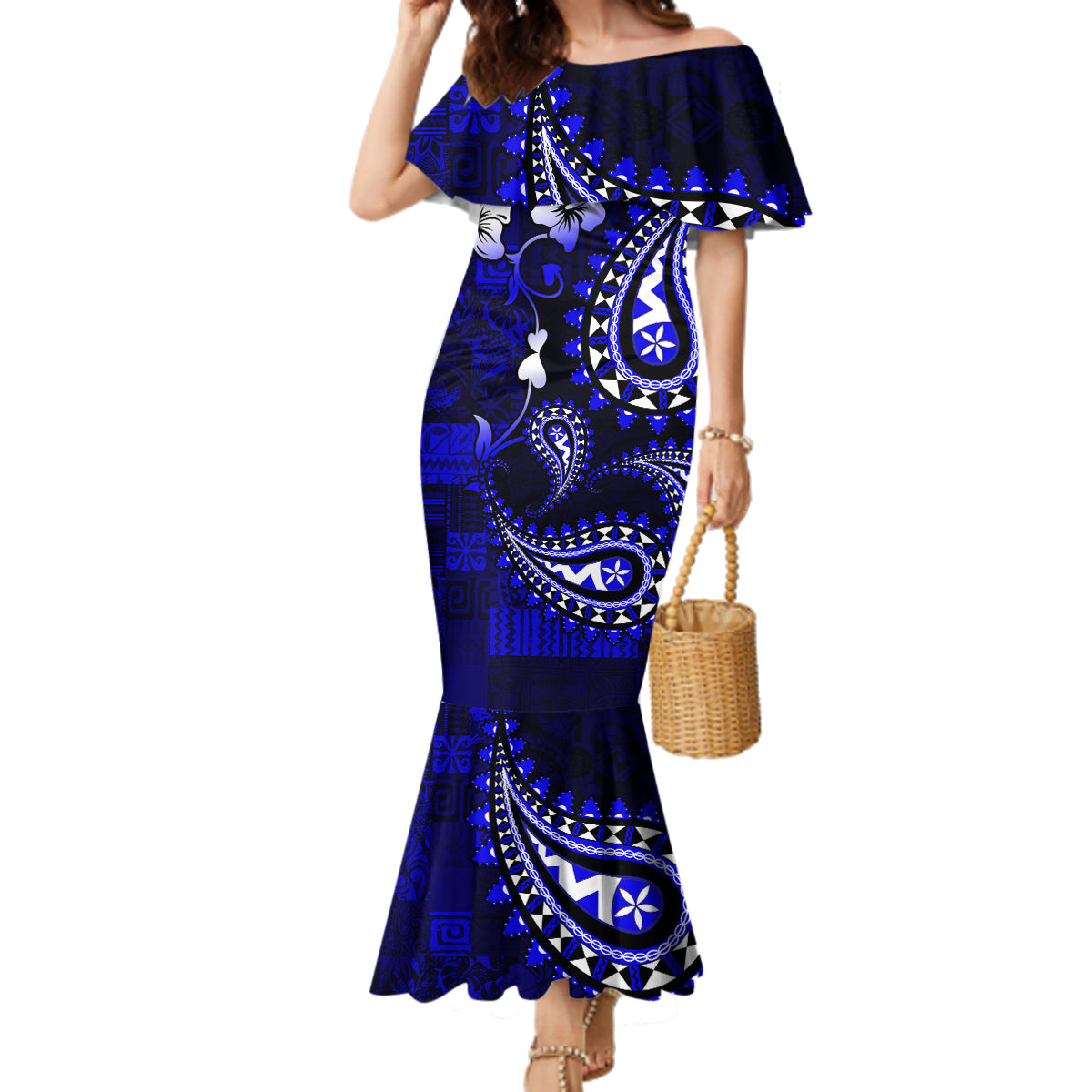 Fiji Masi Paisley With Hibiscus Tapa Family Matching Mermaid Dress and Hawaiian Shirt Navy Blue Version LT01 Mom's Dress Blue - Polynesian Pride