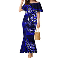 Fiji Masi Paisley With Hibiscus Tapa Family Matching Mermaid Dress and Hawaiian Shirt Navy Blue Version LT01 Mom's Dress Blue - Polynesian Pride