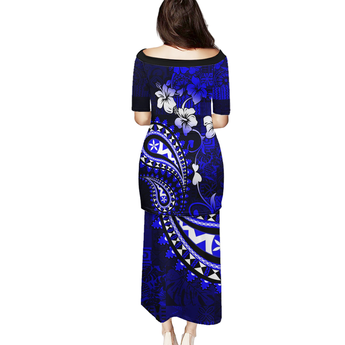 Fiji Masi Paisley With Hibiscus Tapa Family Matching Puletasi Dress and Hawaiian Shirt Navy Blue Version LT01 - Polynesian Pride