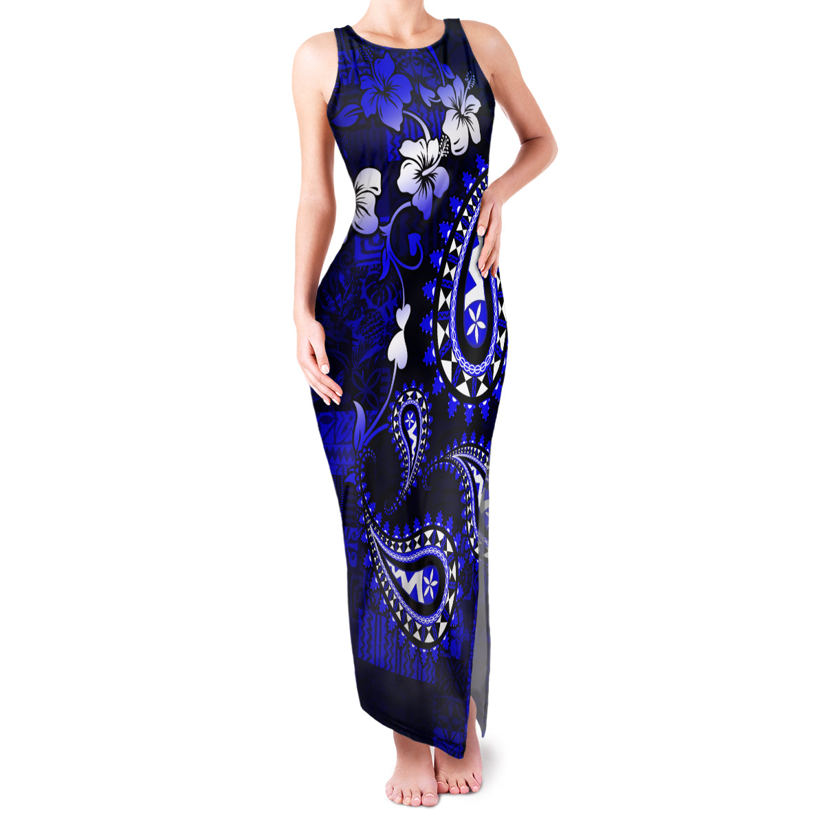 Fiji Masi Paisley With Hibiscus Tapa Family Matching Tank Maxi Dress and Hawaiian Shirt Navy Blue Version LT01 Mom's Dress Blue - Polynesian Pride