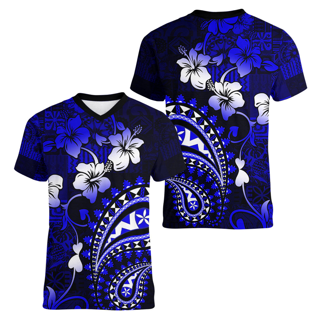 Fiji Masi Paisley With Hibiscus Tapa Women V Neck T Shirt Navy Blue Version LT01 - Polynesian Pride