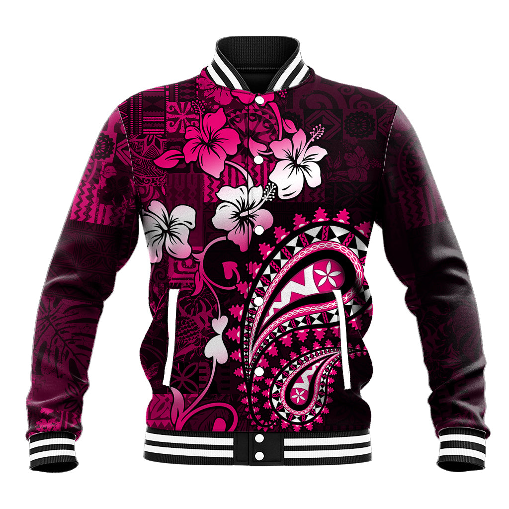 Fiji Masi Paisley With Hibiscus Tapa Baseball Jacket Pink Version LT01 Unisex Pink - Polynesian Pride