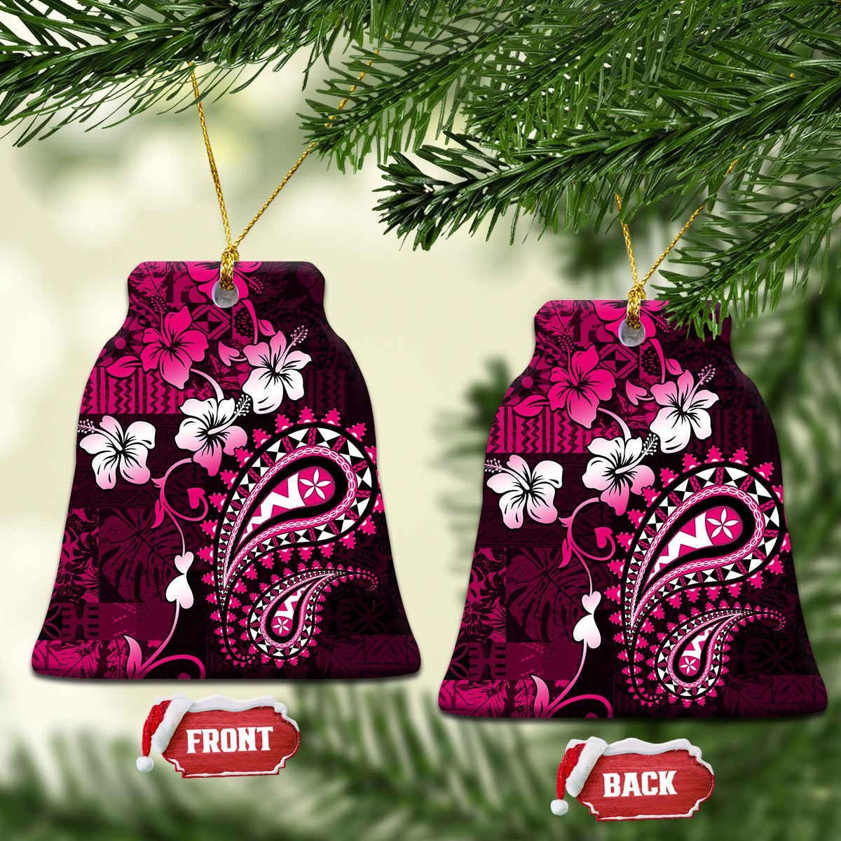 Fiji Masi Paisley With Hibiscus Tapa Ceramic Ornament Pink Version LT01 Bell Flake Pink - Polynesian Pride