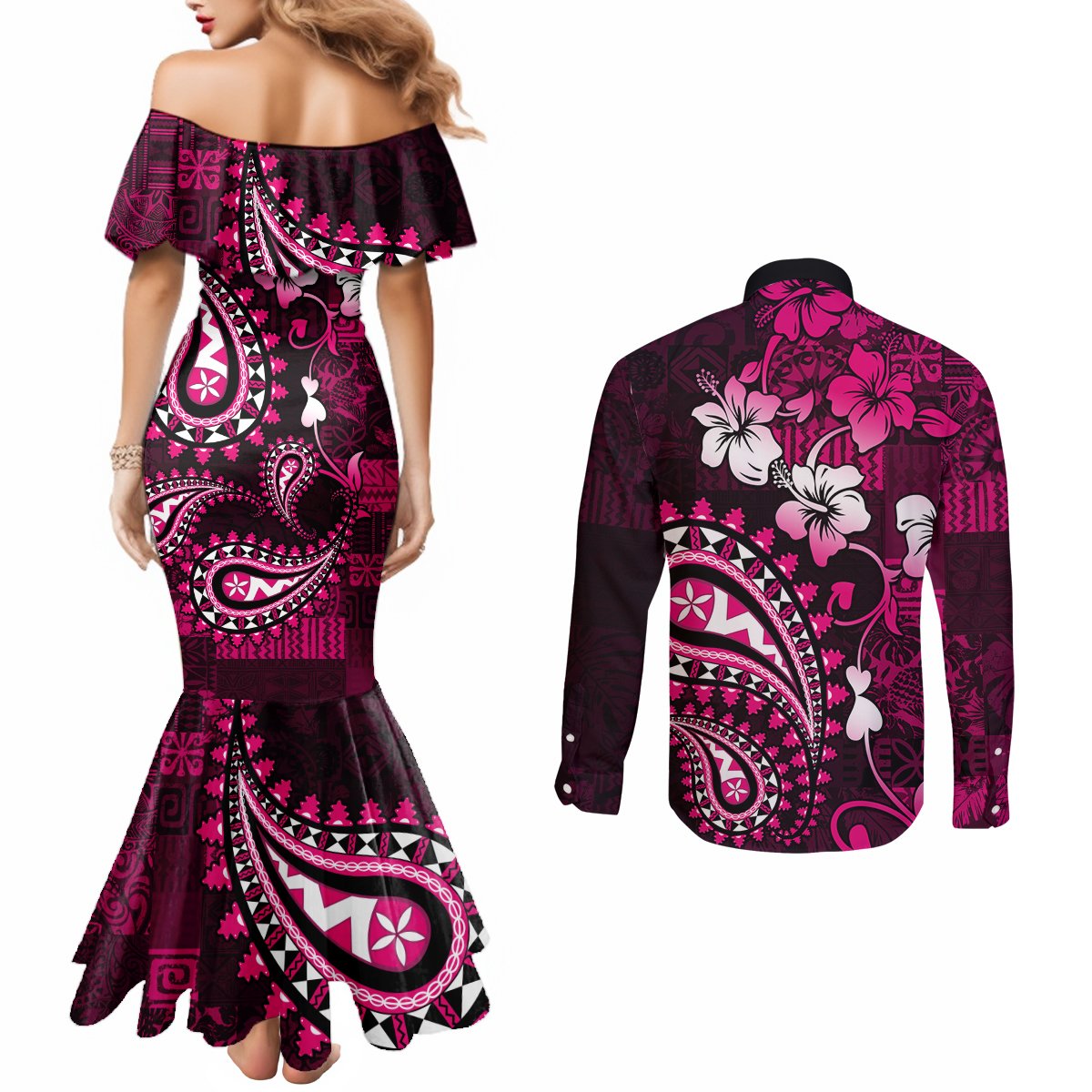 Fiji Masi Paisley With Hibiscus Tapa Couples Matching Mermaid Dress and Long Sleeve Button Shirt Pink Version LT01 - Polynesian Pride