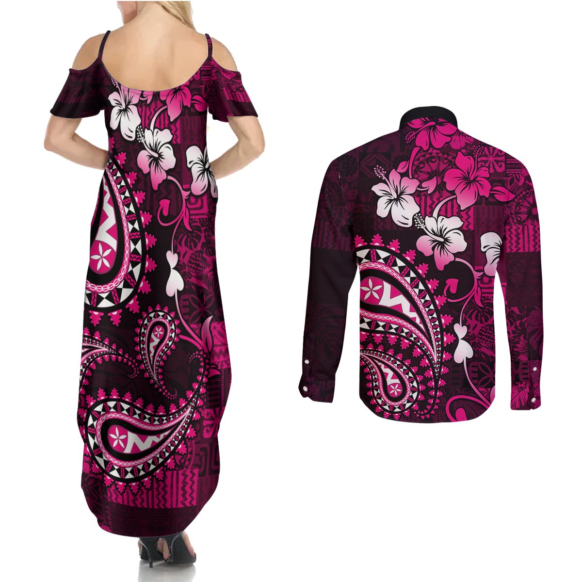 Fiji Masi Paisley With Hibiscus Tapa Couples Matching Summer Maxi Dress and Long Sleeve Button Shirt Pink Version LT01 - Polynesian Pride