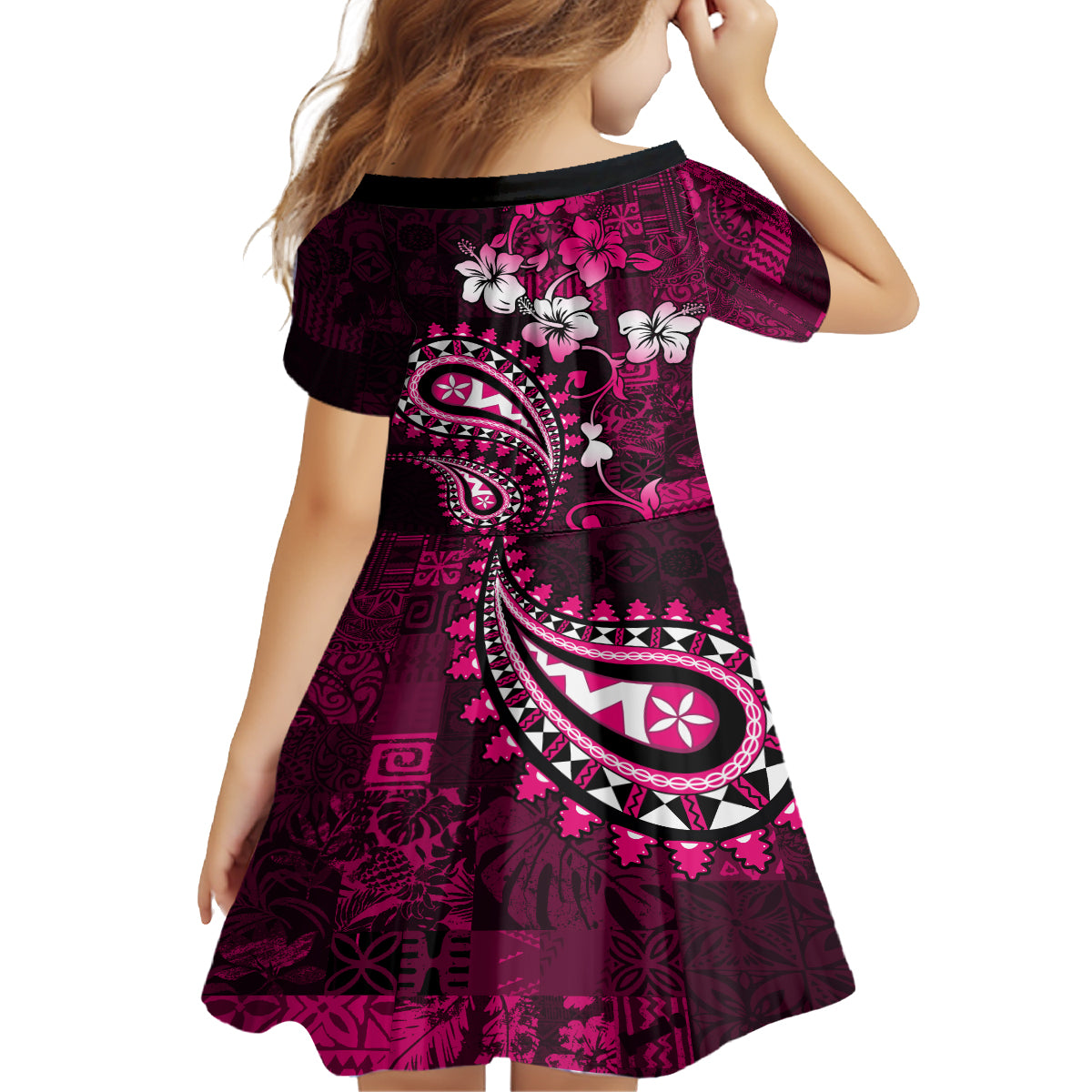 Fiji Masi Paisley With Hibiscus Tapa Family Matching Off Shoulder Long Sleeve Dress and Hawaiian Shirt Pink Version LT01 - Polynesian Pride