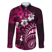 Fiji Masi Paisley With Hibiscus Tapa Family Matching Off Shoulder Short Dress and Hawaiian Shirt Pink Version LT01 Dad's Shirt - Long Sleeve Pink - Polynesian Pride