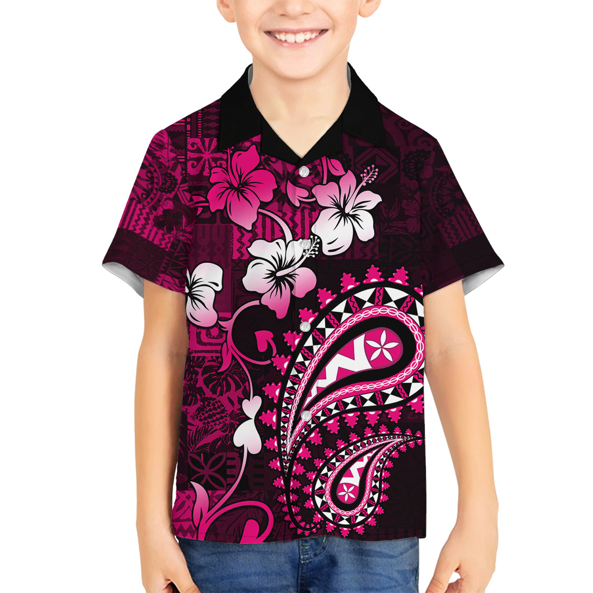 Fiji Masi Paisley With Hibiscus Tapa Family Matching Off Shoulder Short Dress and Hawaiian Shirt Pink Version LT01 Son's Shirt Pink - Polynesian Pride