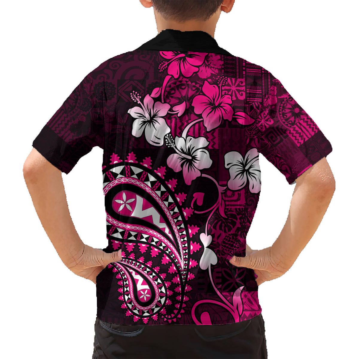 Fiji Masi Paisley With Hibiscus Tapa Family Matching Short Sleeve Bodycon Dress and Hawaiian Shirt Pink Version LT01 - Polynesian Pride