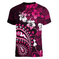 Fiji Masi Paisley With Hibiscus Tapa Women V Neck T Shirt Pink Version LT01 - Polynesian Pride