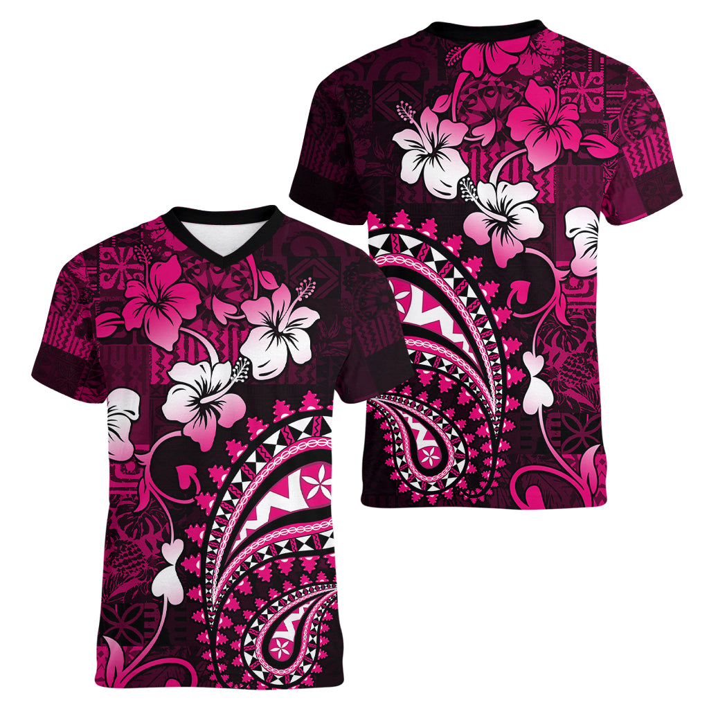 Fiji Masi Paisley With Hibiscus Tapa Women V Neck T Shirt Pink Version LT01 - Polynesian Pride