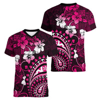 Fiji Masi Paisley With Hibiscus Tapa Women V Neck T Shirt Pink Version LT01 - Polynesian Pride