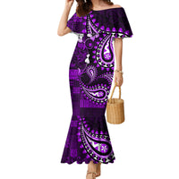 Fiji Masi Paisley Family Matching Mermaid Dress and Hawaiian Shirt Fijian Hibiscus Tapa Purple Version LT01 Mom's Dress Purple - Polynesian Pride