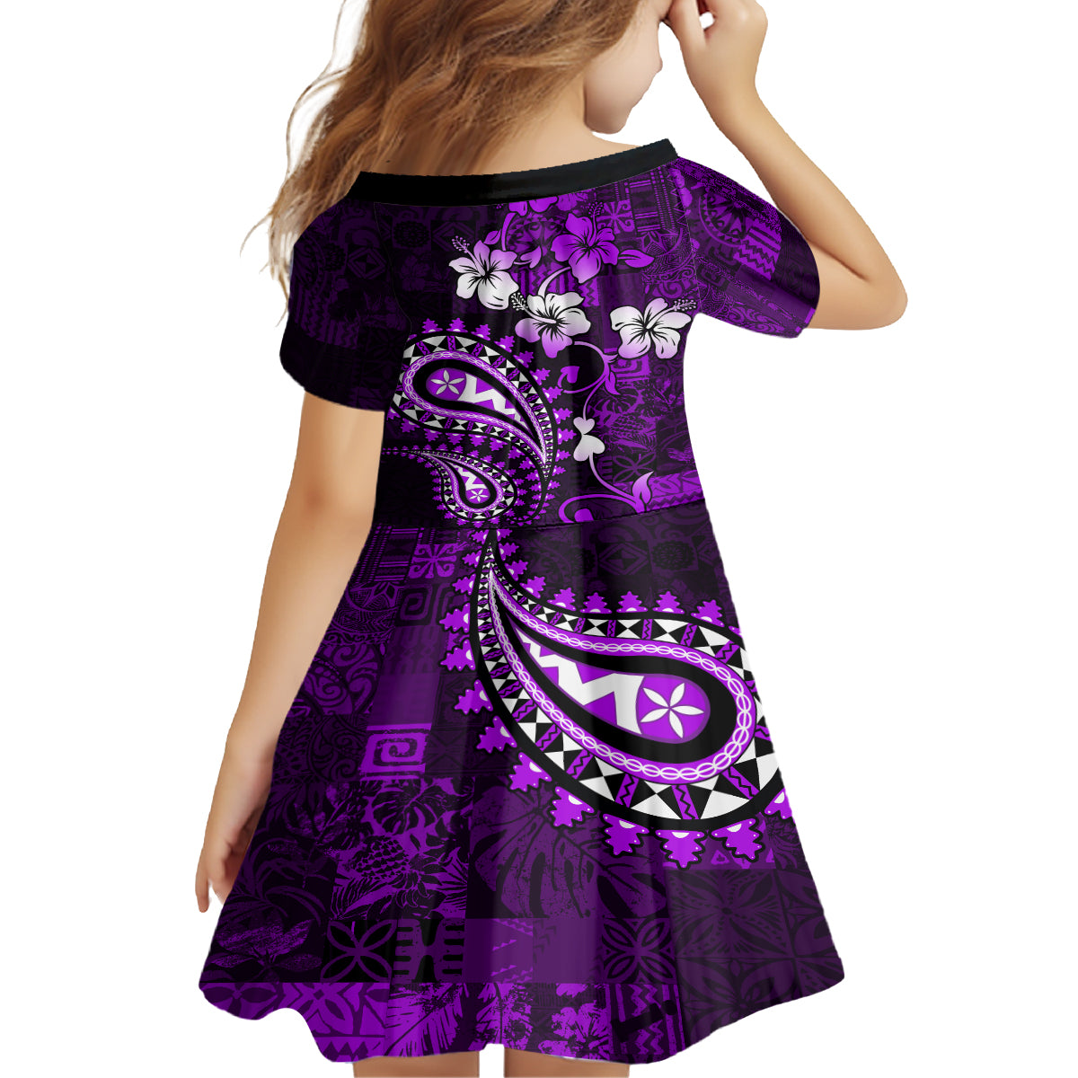 Fiji Masi Paisley Family Matching Off Shoulder Maxi Dress and Hawaiian Shirt Fijian Hibiscus Tapa Purple Version LT01 - Polynesian Pride