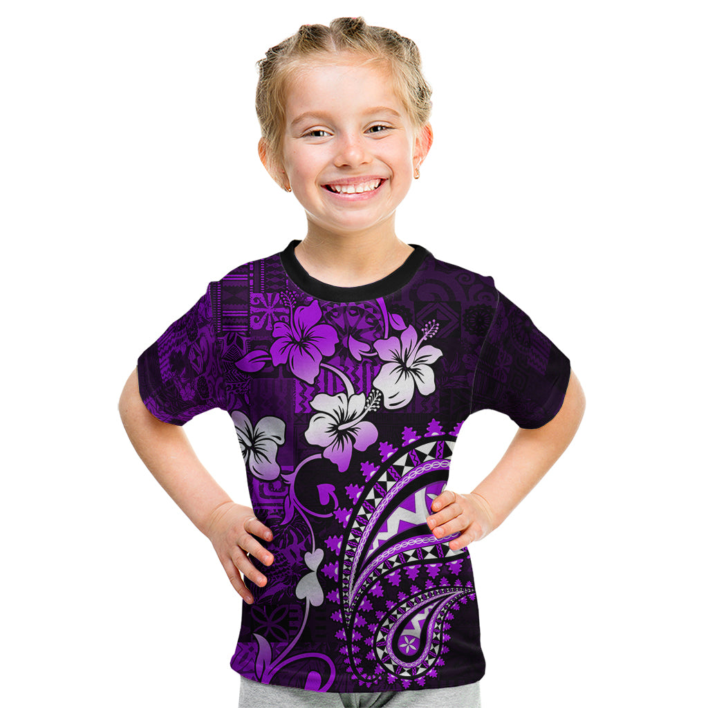 Fiji Masi Paisley Kid T Shirt Fijian Hibiscus Tapa Purple Version LT01 Purple - Polynesian Pride