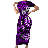 Fiji Masi Paisley Short Sleeve Bodycon Dress Fijian Hibiscus Tapa Purple Version LT01 Long Dress Purple - Polynesian Pride