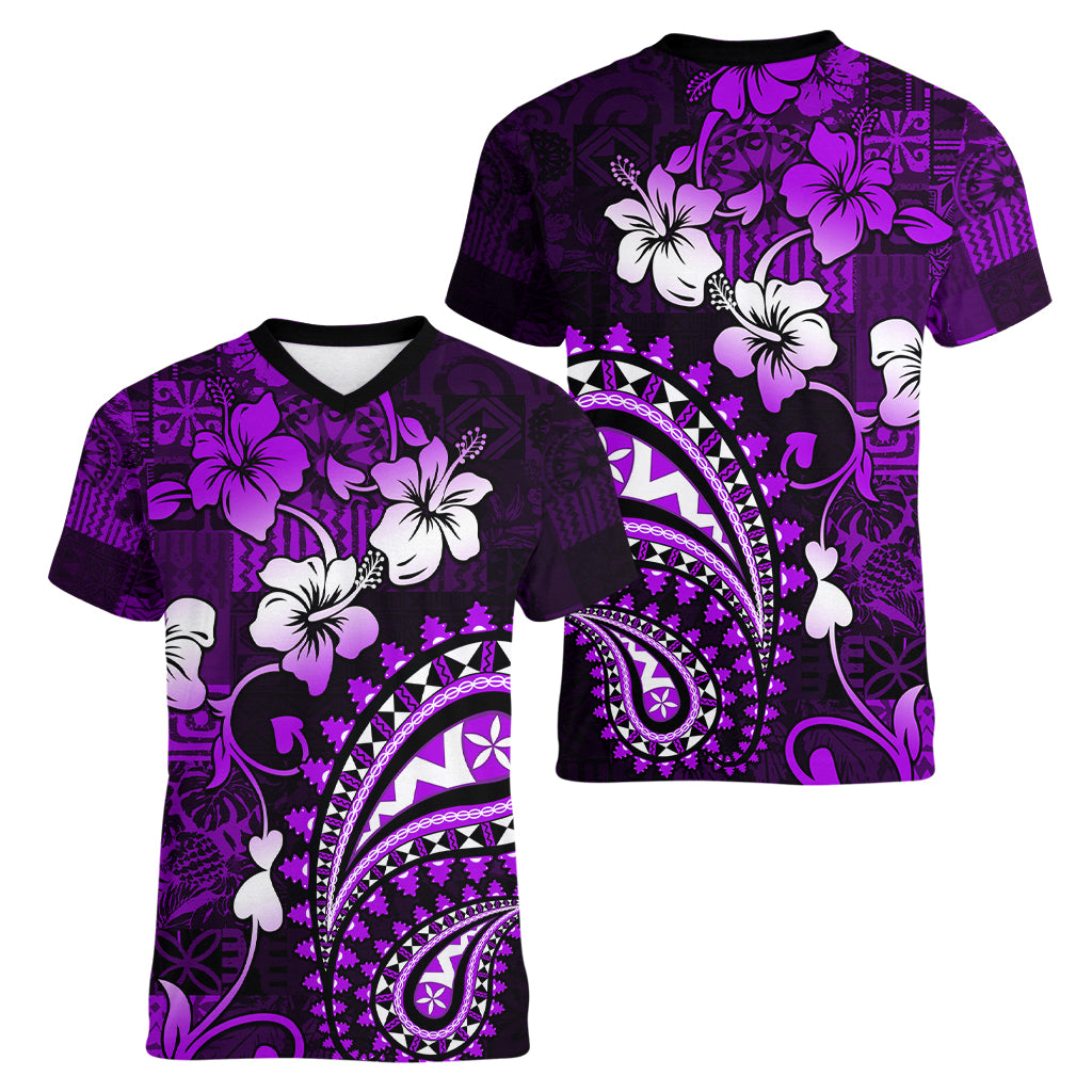 Fiji Masi Paisley Women V Neck T Shirt Fijian Hibiscus Tapa Purple Version LT01 - Polynesian Pride