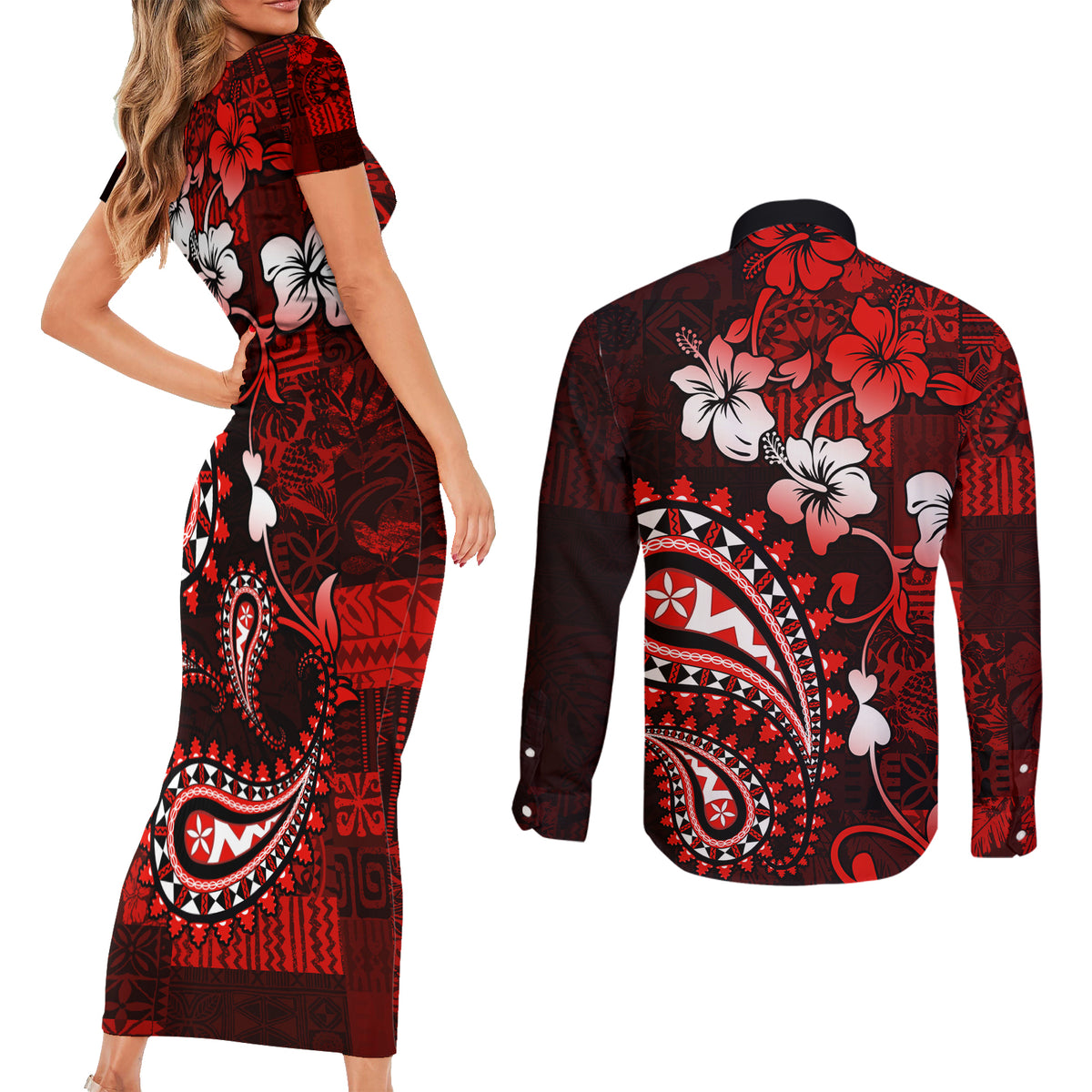 Fiji Masi Paisley Couples Matching Short Sleeve Bodycon Dress and Long Sleeve Button Shirt Fijian Hibiscus Tapa Red Version LT01 - Polynesian Pride