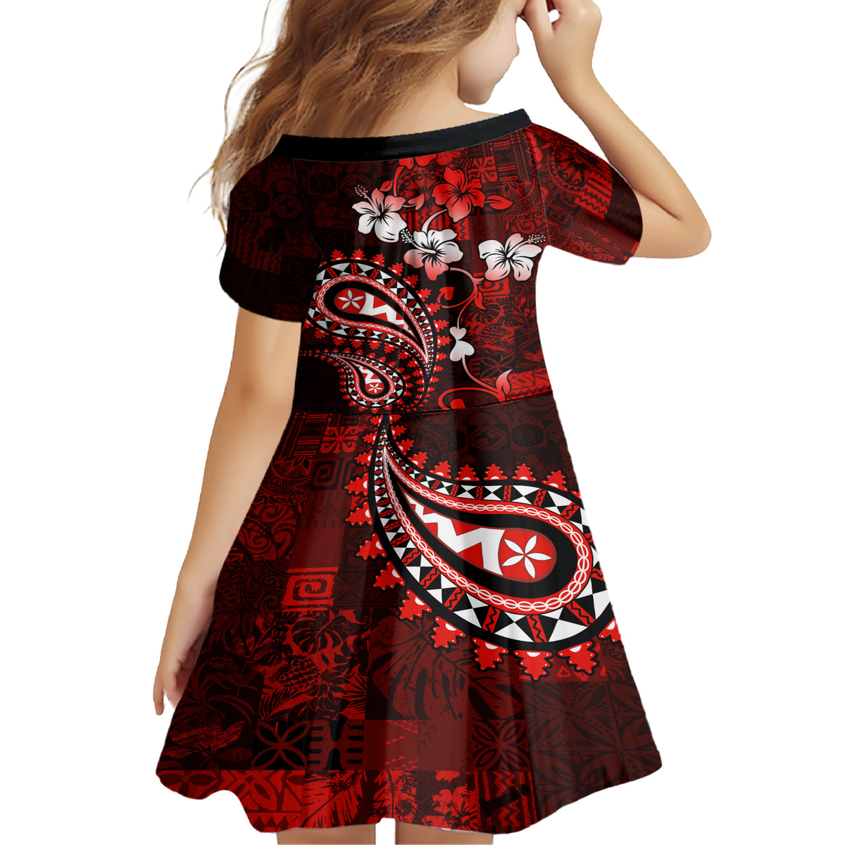Fiji Masi Paisley Family Matching Short Sleeve Bodycon Dress and Hawaiian Shirt Fijian Hibiscus Tapa Red Version LT01 - Polynesian Pride