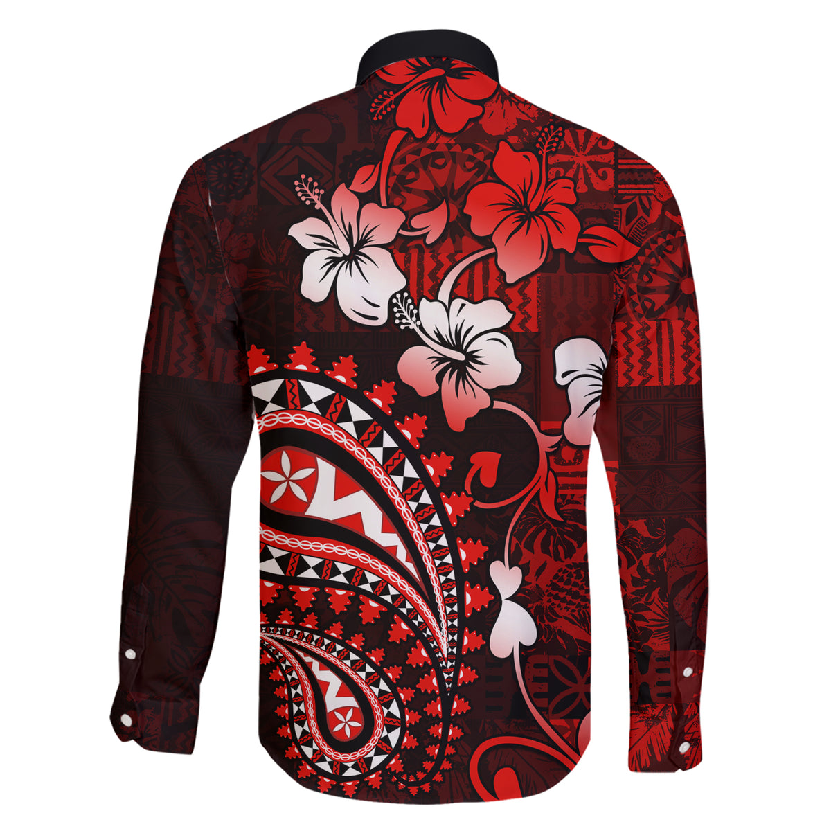Fiji Masi Paisley Family Matching Short Sleeve Bodycon Dress and Hawaiian Shirt Fijian Hibiscus Tapa Red Version LT01 - Polynesian Pride