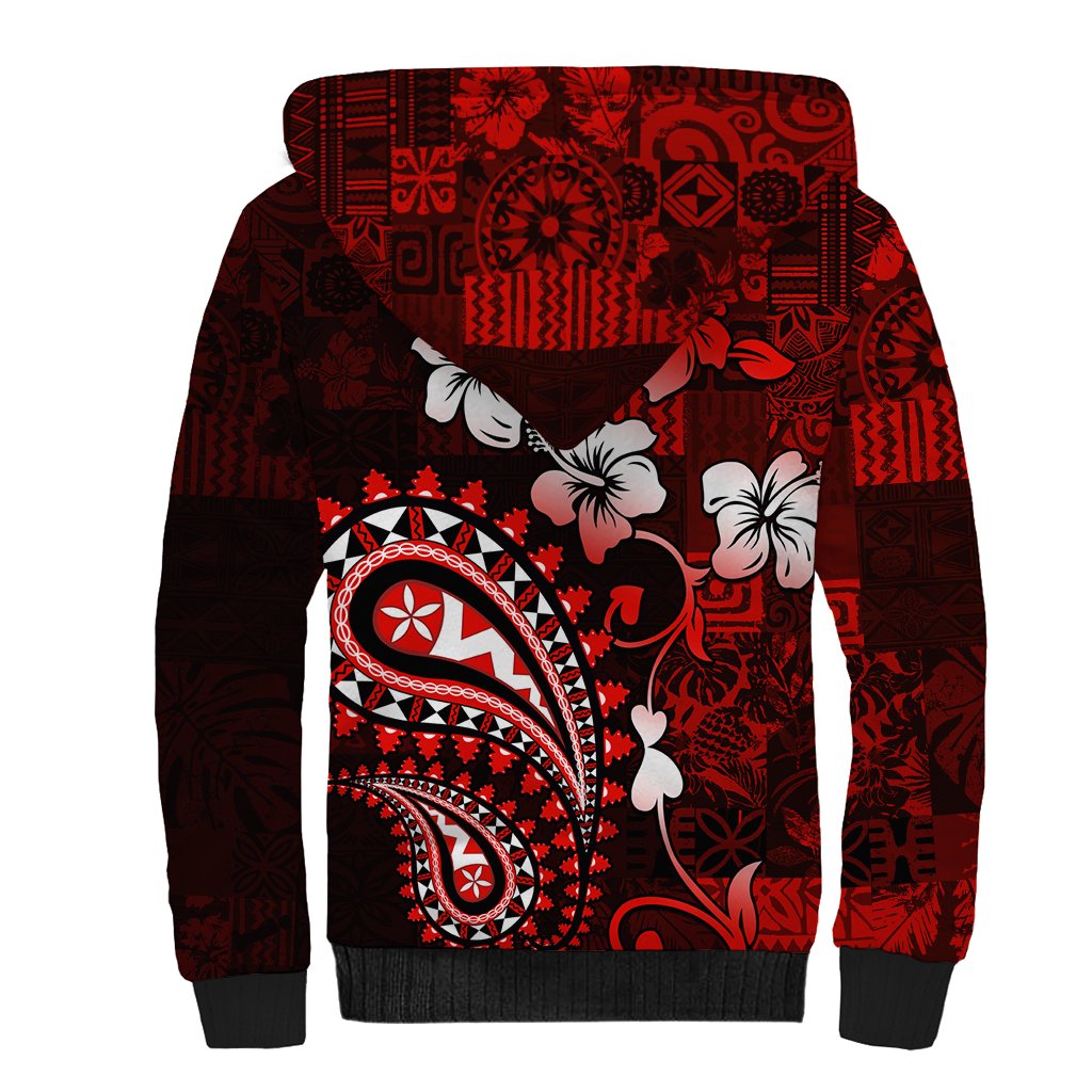Fiji Masi Paisley Sherpa Hoodie Fijian Hibiscus Tapa Red Version LT01 - Polynesian Pride