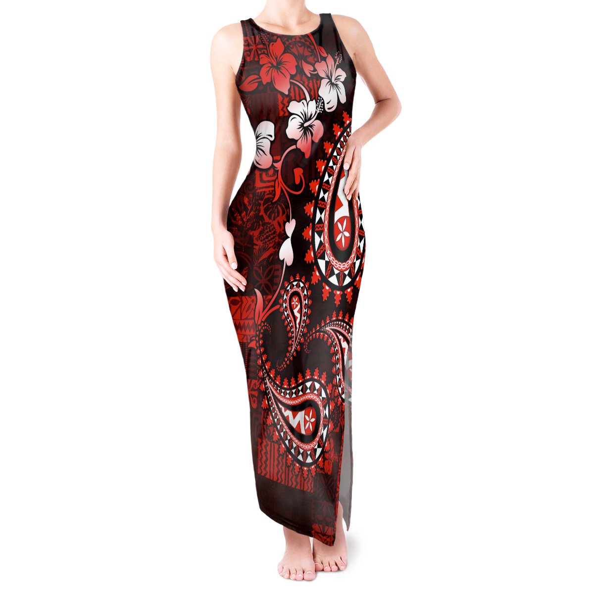 Fiji Masi Paisley Tank Maxi Dress Fijian Hibiscus Tapa Red Version LT01 Women Red - Polynesian Pride