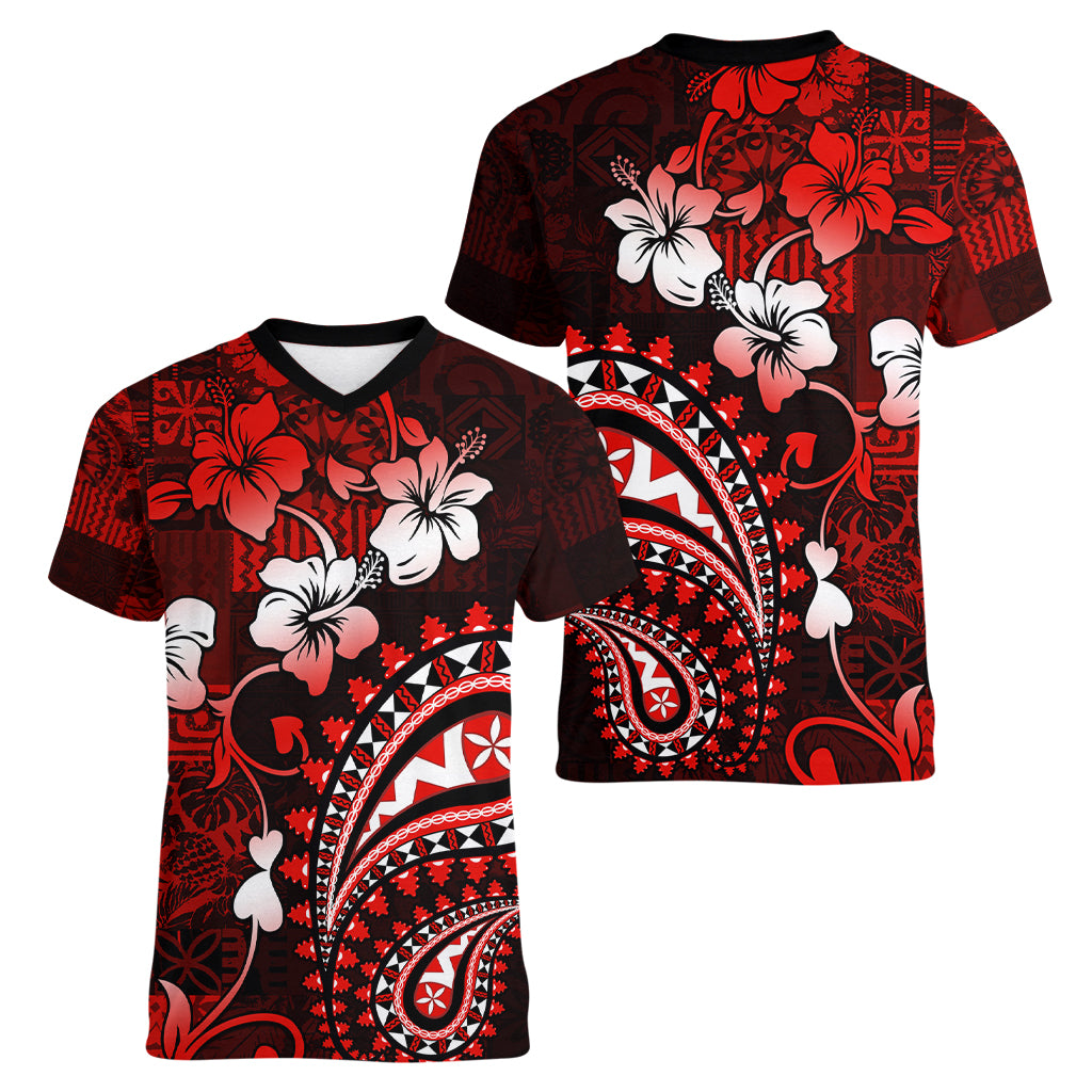 Fiji Masi Paisley Women V Neck T Shirt Fijian Hibiscus Tapa Red Version LT01 - Polynesian Pride