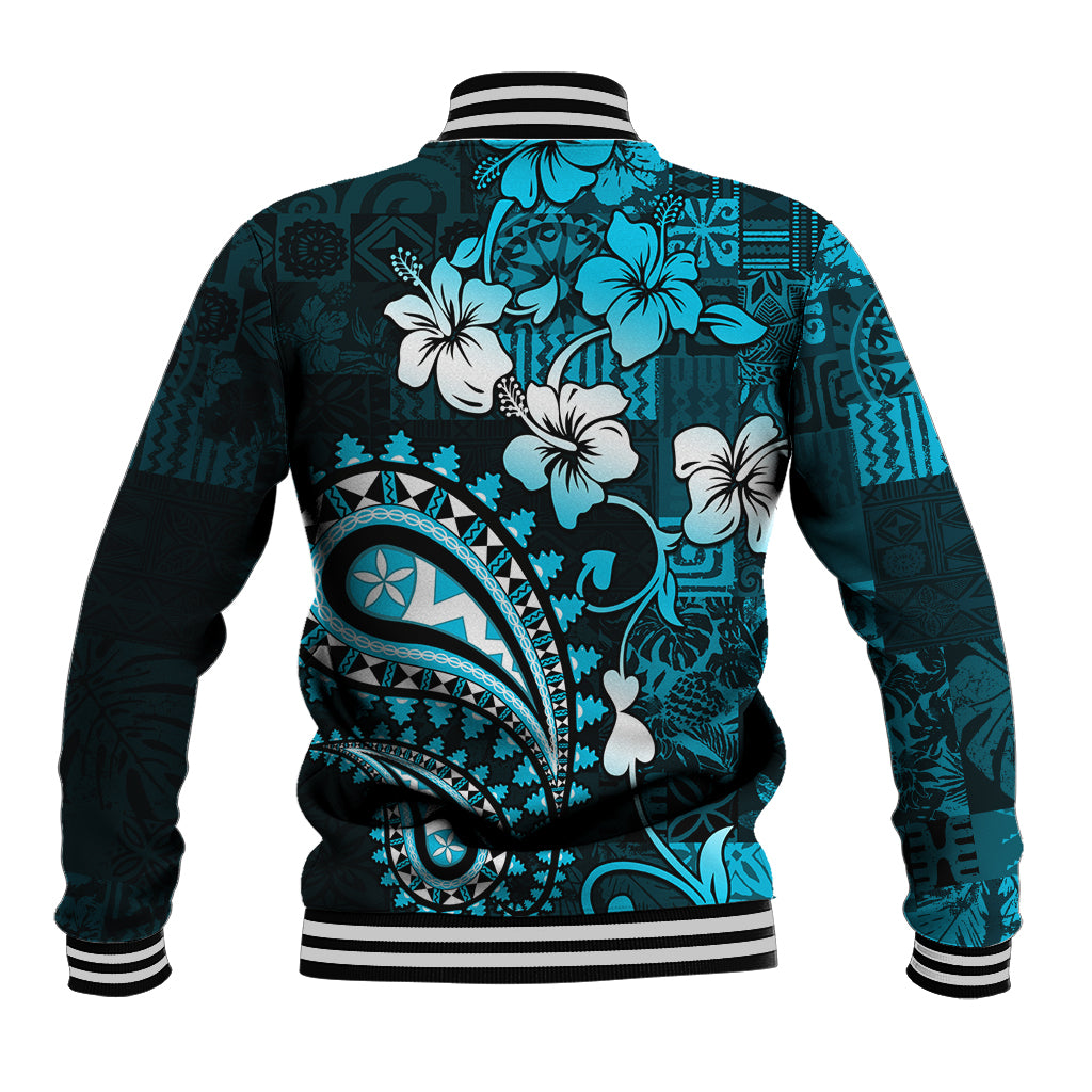 Fiji Masi Paisley Baseball Jacket Fijian Hibiscus Tapa Sky Blue Version LT01 - Polynesian Pride
