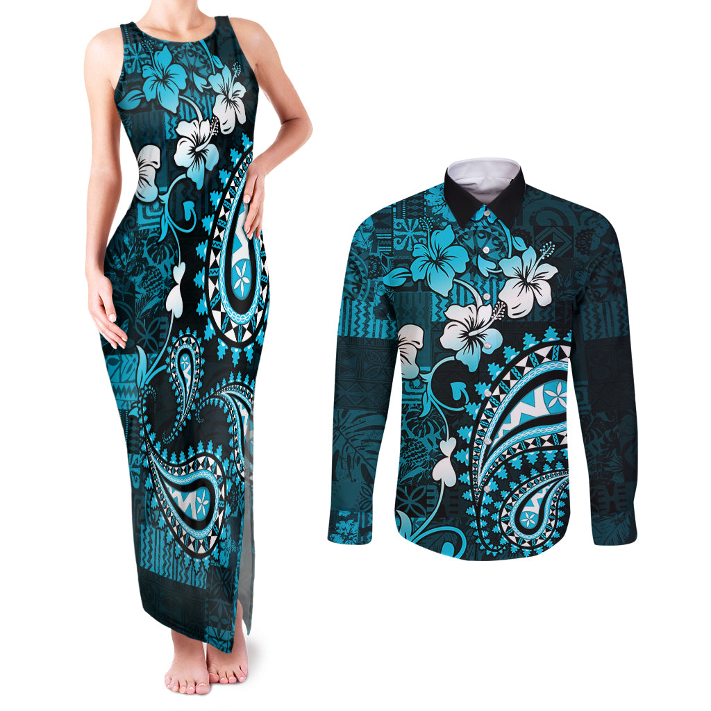 Fiji Masi Paisley Couples Matching Tank Maxi Dress and Long Sleeve Button Shirt Fijian Hibiscus Tapa Sky Blue Version LT01 Blue - Polynesian Pride