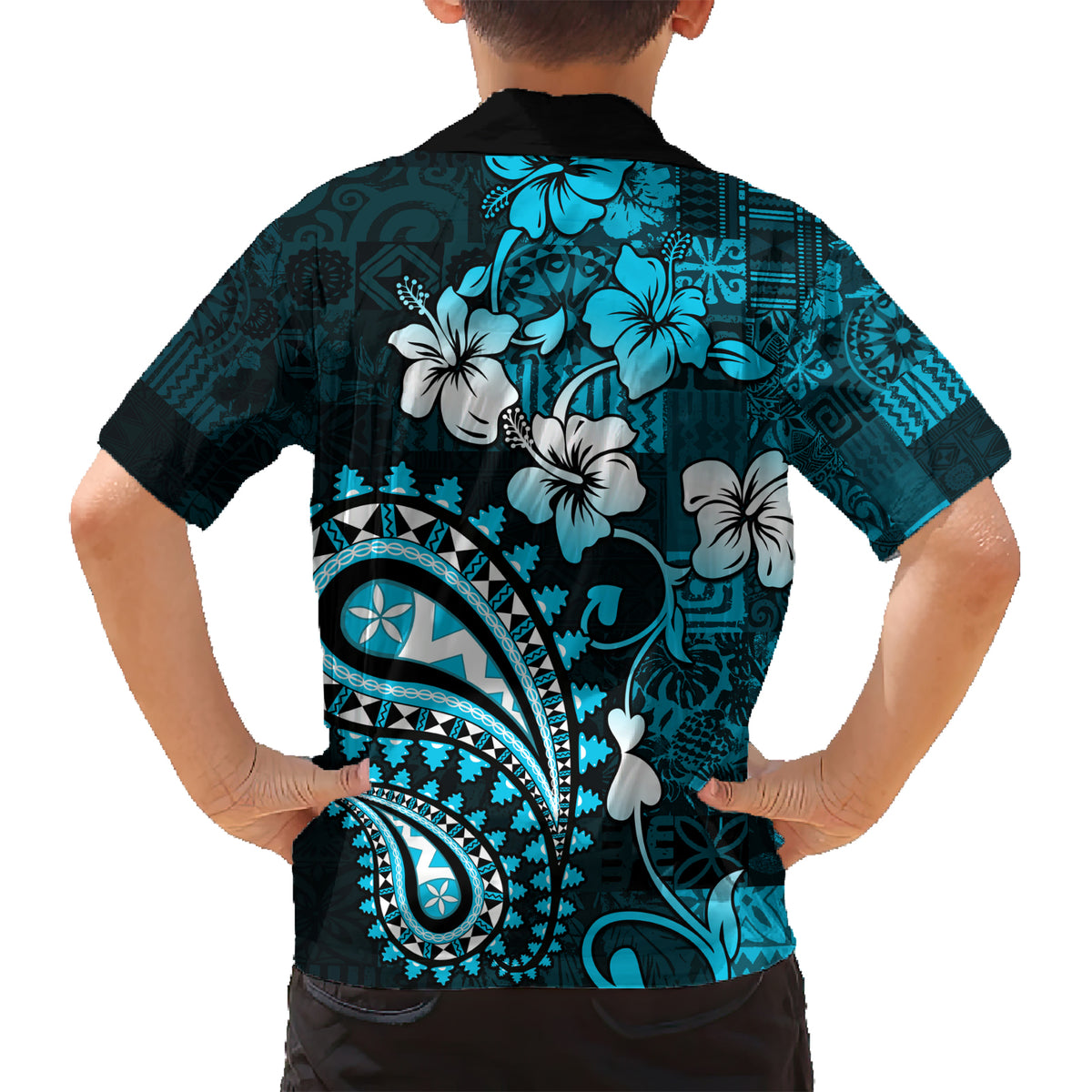 Fiji Masi Paisley Family Matching Short Sleeve Bodycon Dress and Hawaiian Shirt Fijian Hibiscus Tapa Sky Blue Version LT01 - Polynesian Pride