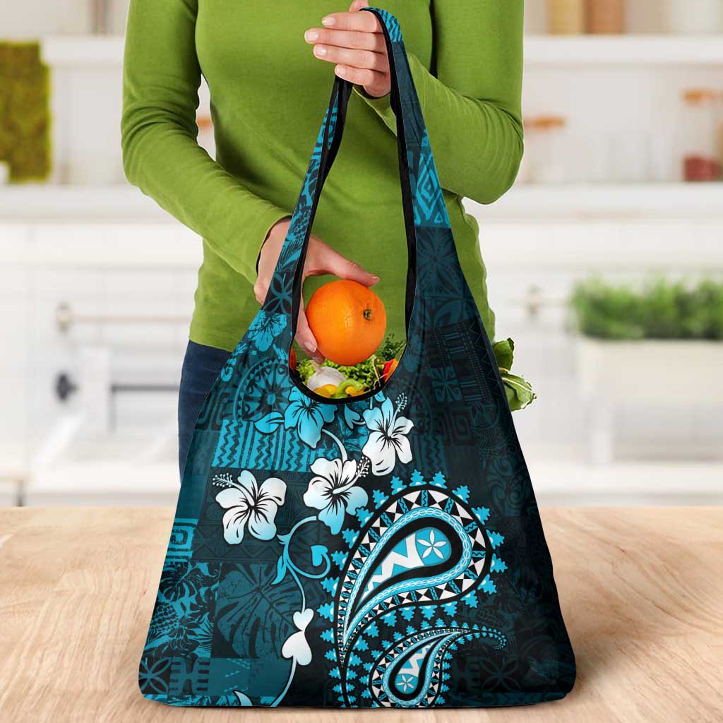 Fiji Masi Paisley Grocery Bag Fijian Hibiscus Tapa Sky Blue Version