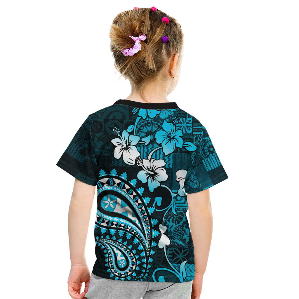 Fiji Masi Paisley Kid T Shirt Fijian Hibiscus Tapa Sky Blue Version LT01 - Polynesian Pride