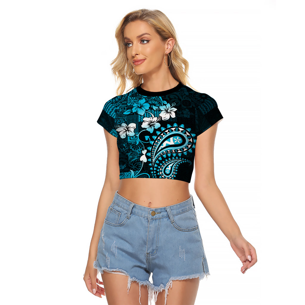 Fiji Masi Paisley Raglan Cropped T Shirt Fijian Hibiscus Tapa Sky Blue Version LT01 Female Blue - Polynesian Pride