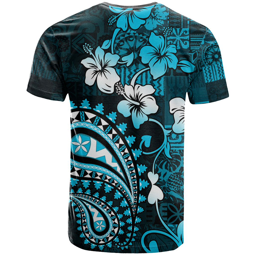 Fiji Masi Paisley T Shirt Fijian Hibiscus Tapa Sky Blue Version LT01 - Polynesian Pride