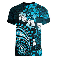 Fiji Masi Paisley Women V Neck T Shirt Fijian Hibiscus Tapa Sky Blue Version LT01 - Polynesian Pride