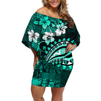 Fiji Masi Paisley Family Matching Off Shoulder Short Dress and Hawaiian Shirt Fijian Hibiscus Tapa Turquoise Version LT01 Mom's Dress Turquoise - Polynesian Pride