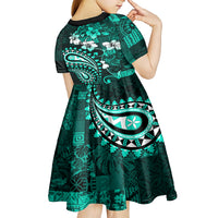 Fiji Masi Paisley Kid Short Sleeve Dress Fijian Hibiscus Tapa Turquoise Version LT01 - Polynesian Pride