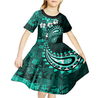 Fiji Masi Paisley Kid Short Sleeve Dress Fijian Hibiscus Tapa Turquoise Version LT01 - Polynesian Pride