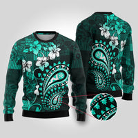 Fiji Masi Paisley Ugly Christmas Sweater Fijian Hibiscus Tapa Turquoise Version LT01 Turquoise - Polynesian Pride