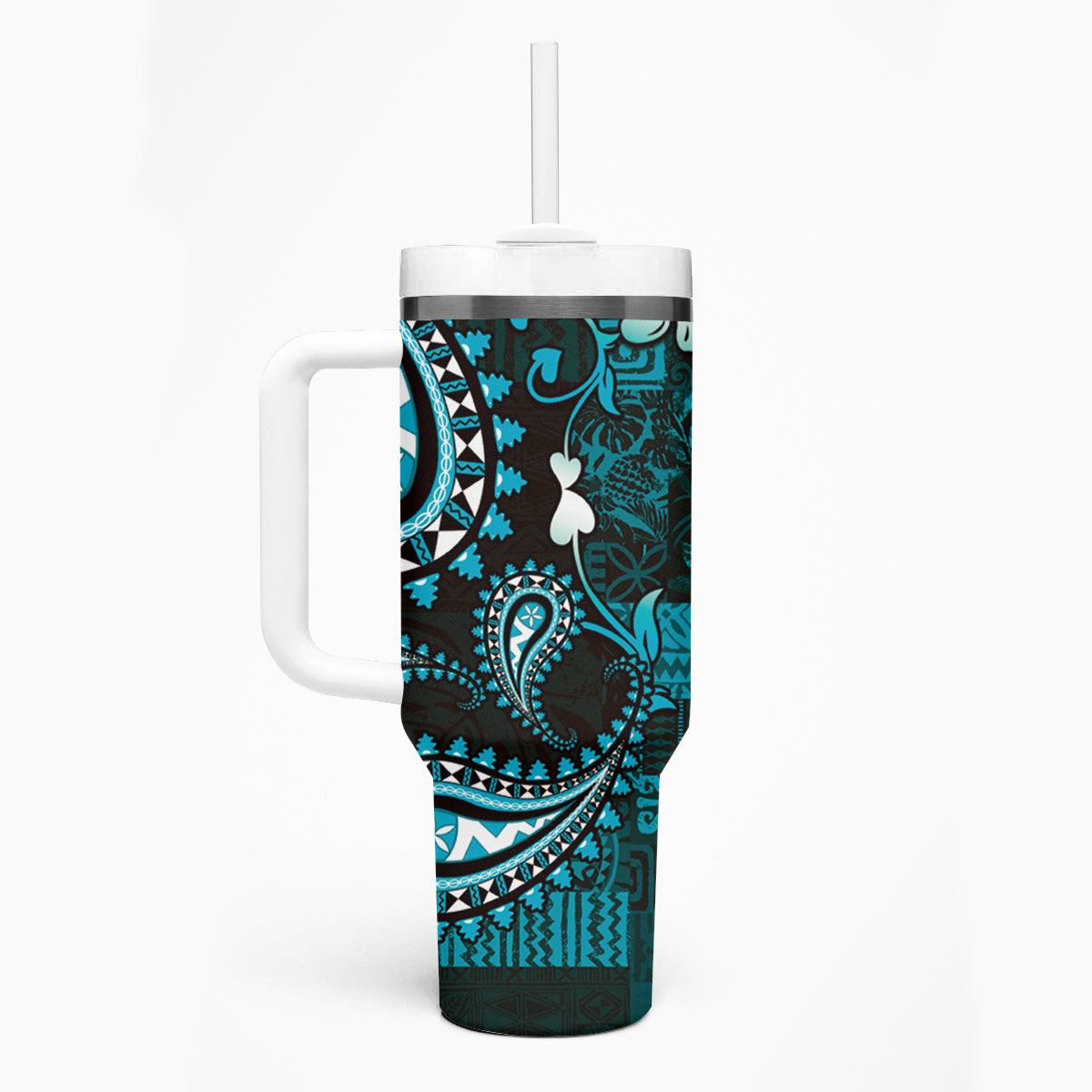 Fiji Masi Paisley Tumbler With Handle Fijian Hibiscus Tapa Turquoise Version