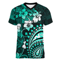 Fiji Masi Paisley Women V Neck T Shirt Fijian Hibiscus Tapa Turquoise Version LT01 Female Turquoise - Polynesian Pride